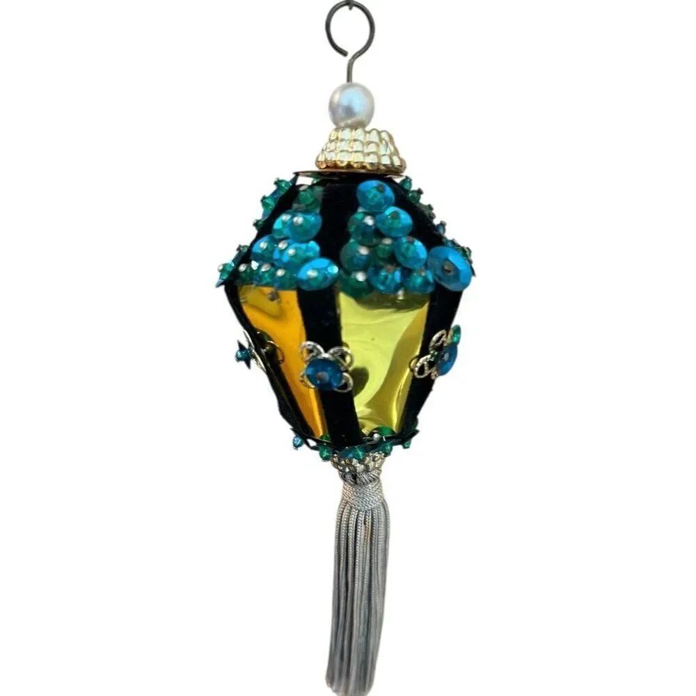 Tassel Beaded Christmas Ornament Faux Pearl Gold Metal Elegant Lantern Design